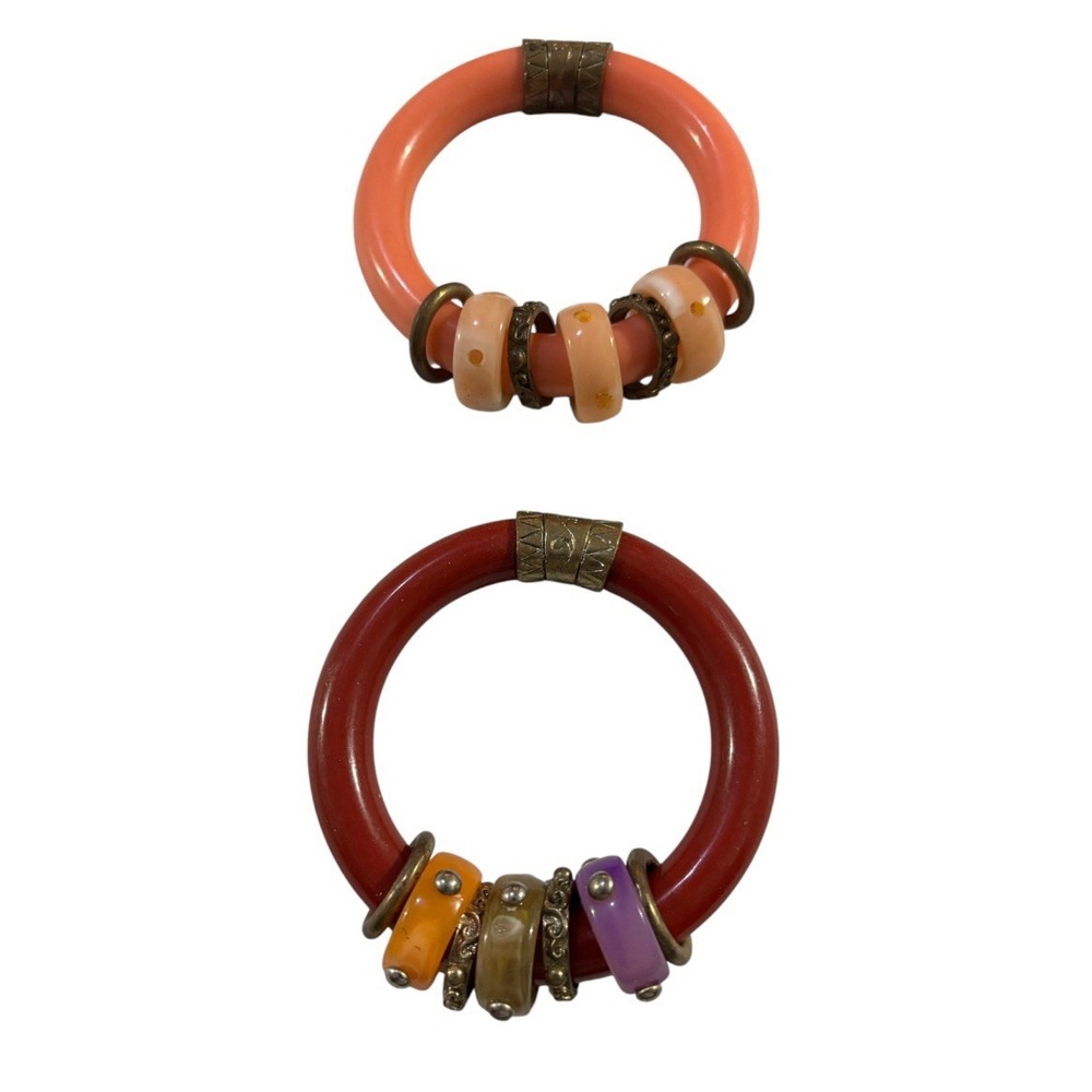 2 Acrylic Bangles w/ Lucite Rings And Gold Toned Spacers‎ 1 Red & 1 Orange Mod